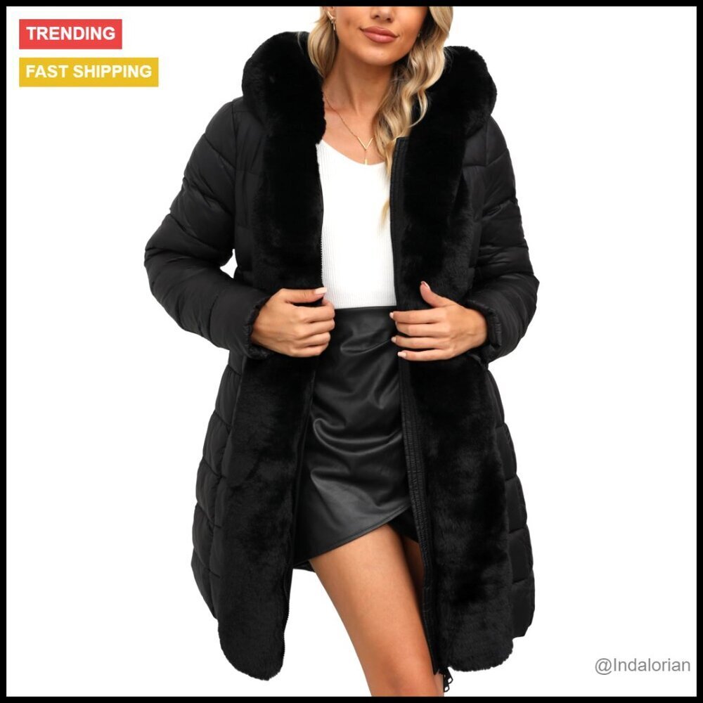 Faux Leather Puffer Jacket Water-Resistant Thickened Bubble Coat with Fur Hood